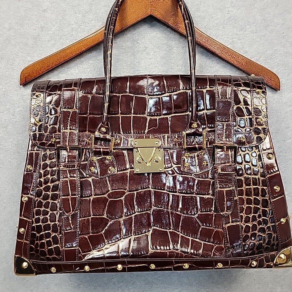 Vintage NORDSTROM Large Croco Embossed Leather Purse Hand Bag‎ Wine Gold Studded